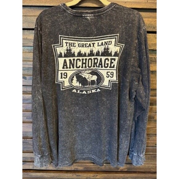 Great Land Anchorage Alaska Long Sleeve T Shirt US Vintage Black Bleach Dye XL - Picture 1 of 9